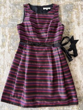 Trina Turk Striped Sleeveless Belted Dress in Pink, Purple & Black